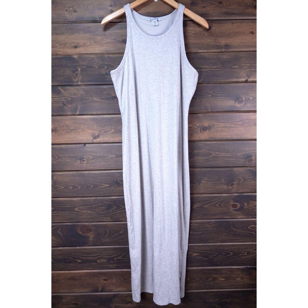 Athleta Signature Rib Maxi Dress Full Lengh Tan Heather Womens XL Tall Back Slit